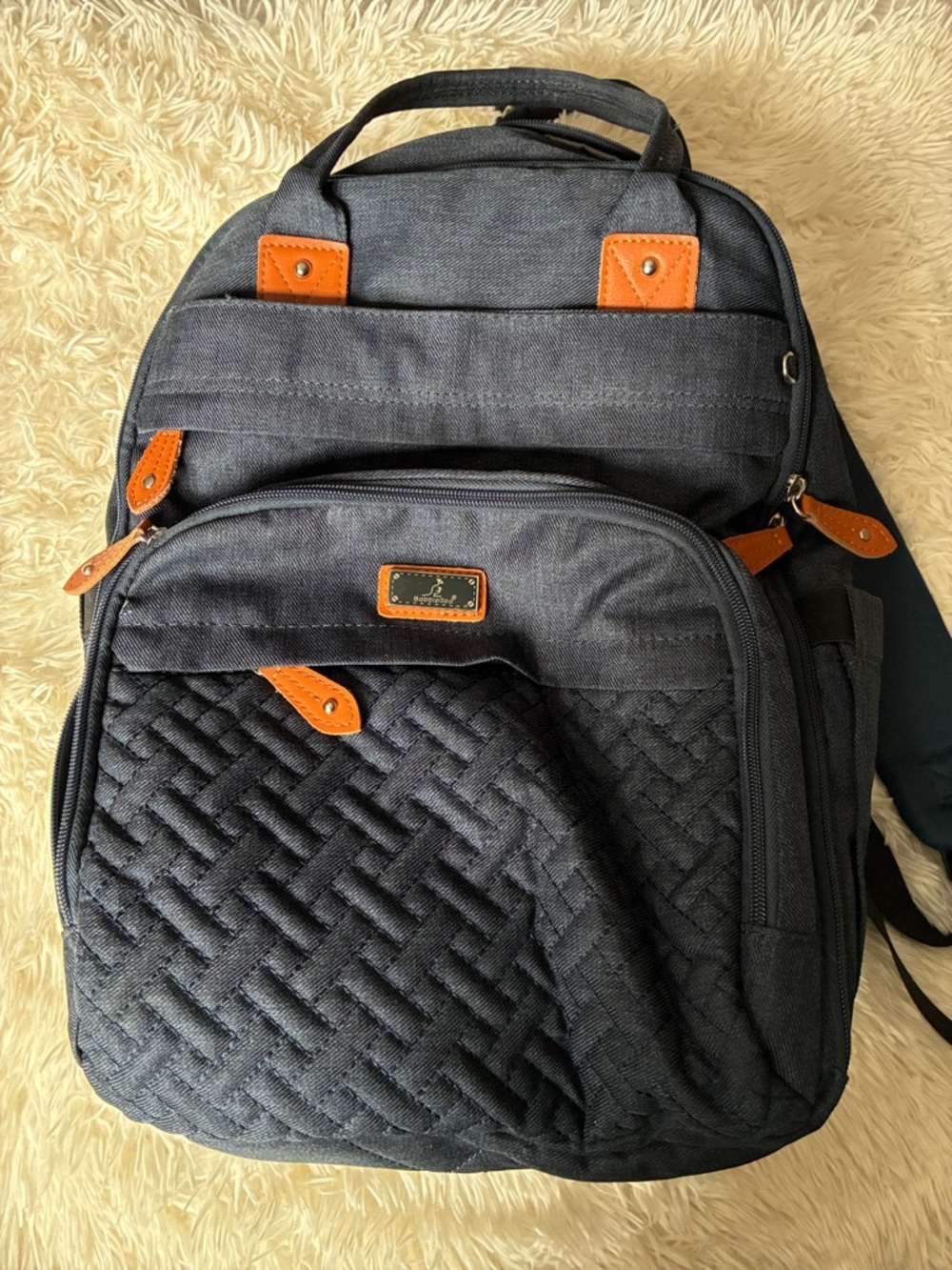 Quilted Navy / Denim/like Diaper bag with Tan Accents, Like New